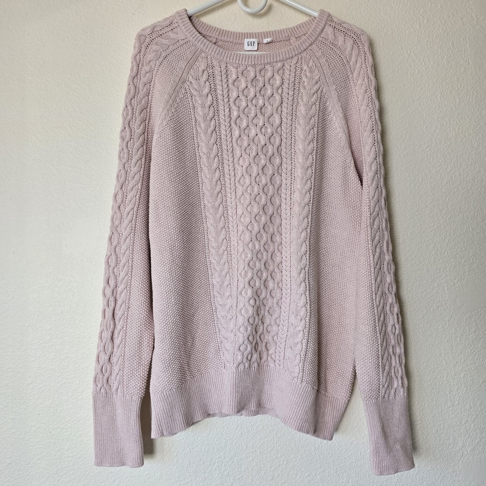 Gap Women's Sz XL Cable Knit Sweater Fisherman Chunky Blush Pink Preppy Academia